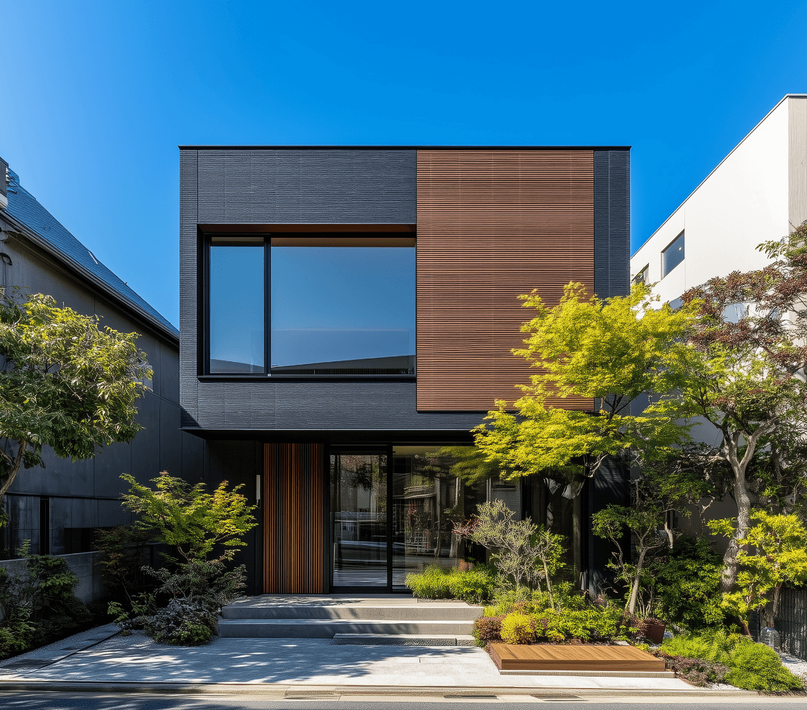 スタイリッシュな黒と木目の外観が特徴的な住宅の外観